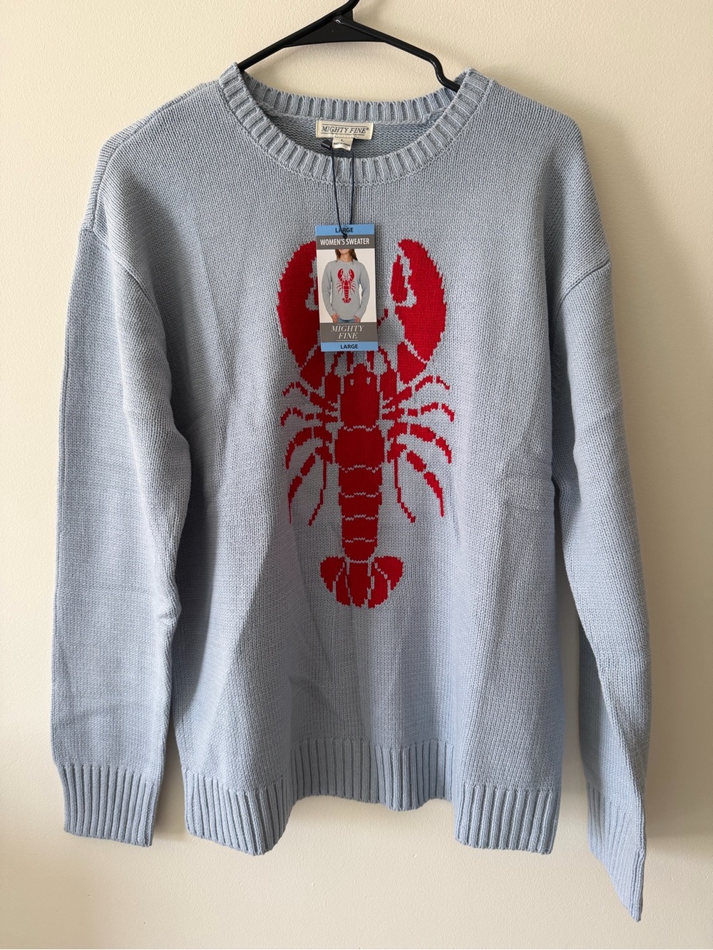 Mighty Fine Light Blue Crewneck Sweater with Red Lobster